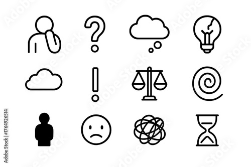 Psychological Icon Set. Psychological struggle. Line icon set of psychological struggle: person thinking, question mark, thought bubble, broken light bulb,