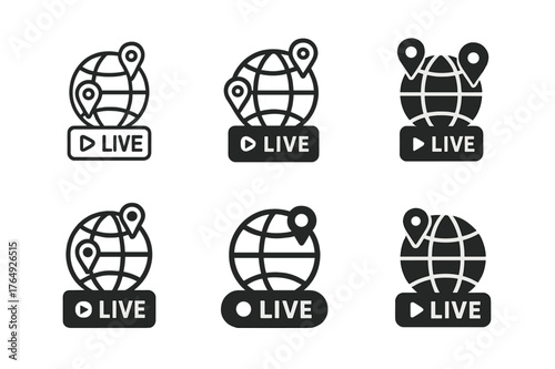 Streaming Logo Variations. Online streaming events and live broadcasts. Set Logo of Online streaming events and live broadcasts: globe with location pins