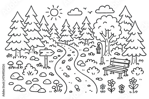 Forest Path Illustration. Forest Path. Hand-drawn doodle illustration Forest Path dirt trail, trees, bushes, rocks, mushrooms, flowers, signpost, footsteps,