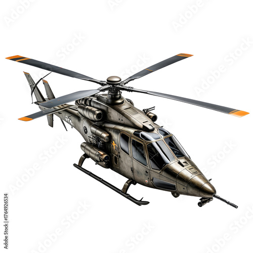Modern military-style helicopter with rotor blades, detailed metal fuselage