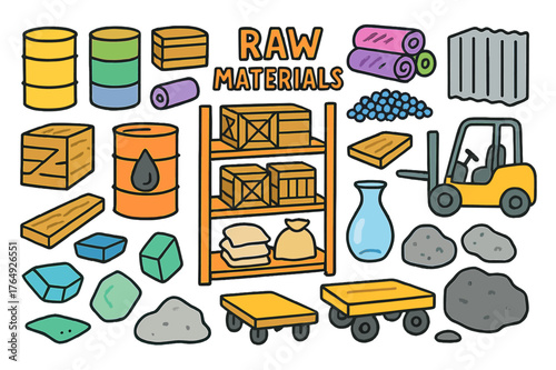 Colorful Raw Materials Icons. Raw materials. Colorful Hand-drawn doodle Children illustration Raw materials barrels, crates, fabric rolls, metal sheet, plastic