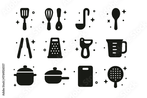 Cooking Utensils Icons. Cooking Utensils. Solid icons set of Cooking Utensils: spatula, whisk, ladle, wooden spoon, tongs, grater, peeler, measuring cup, pot,