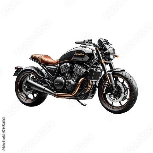 Glossy black motorcycle with brown seat and gold accents against black