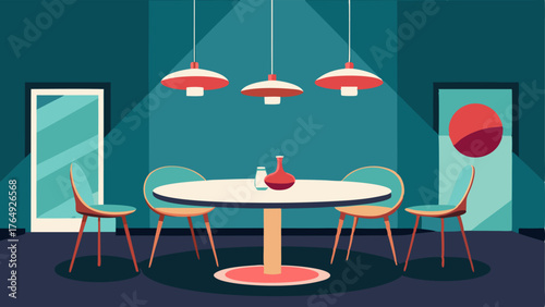 A dining room with a round tulipstyle table and futuristic hanging light fixtures.