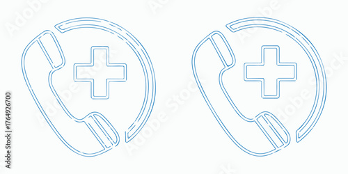 Emergency call icons with a cross symbol, representing medical assistance and healthcare services in a distressed, handdrawn style on