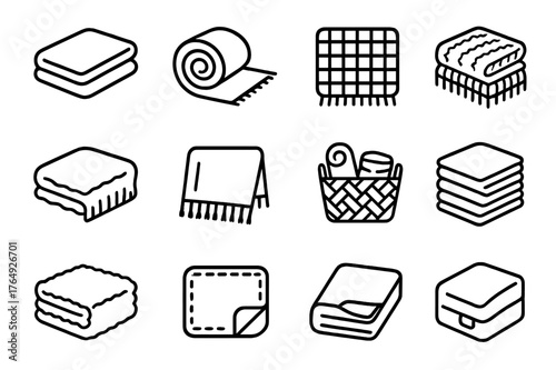 Blanket Icon Set. Blankets. Line icon set of Blankets: folded blanket, rolled blanket, plaid pattern, knitted throw, fleece fabric, tassel edge, basket with