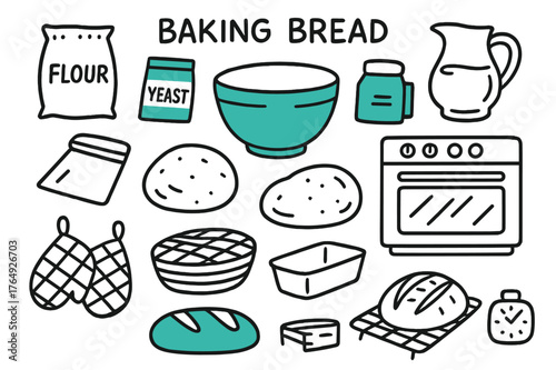 Bread Baking Essentials. // Baking bread. Hand-drawn doodle illustration Baking bread [mixing bowl (accented), flour bag, yeast packet (accented), water jug,