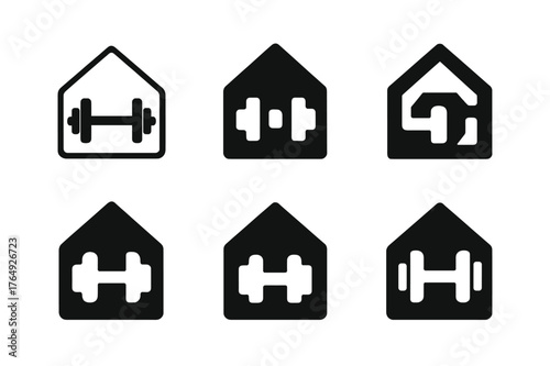 Home Gym Icons. Compact home fitness setups. Set Logo of home gym: house outline with dumbbell. Icon set. harmonious logo variations of the same emblematic