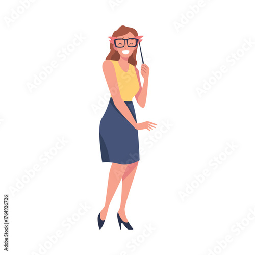 Woman Character on Holiday in Glasses Celebrating Birthday Party Vector Illustration