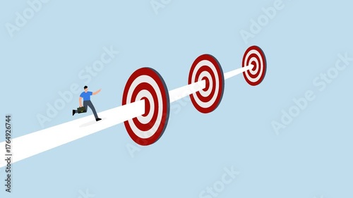 challenge to achieve targets and business goals, confidence entrepreneur navigating an arrow path towards goals.