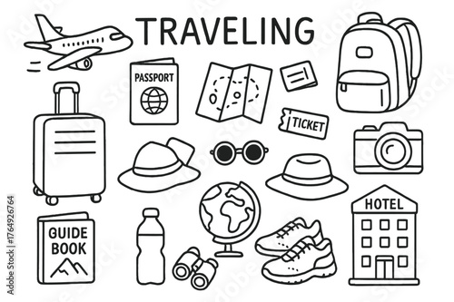 Travel Essentials Illustrations. Traveling. Hand-drawn doodle illustration Traveling airplane, passport, suitcase, backpack, map, ticket, camera,