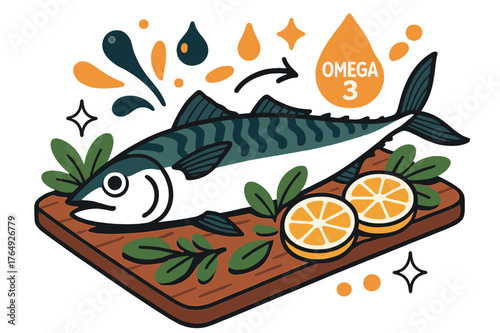 Fresh Mackerel Display. Oily fish. Mackerel on wooden board with herbs and lemon slices; abstract floating droplets and sparkles highlight omega- richness and