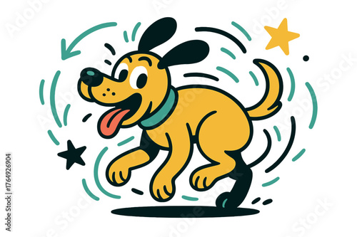 Playful Tail Chase. Funny sketches. Cartoon dog chasing its tail with abstract floating motion lines and stars; conveys playful energy and humor. Modern flat