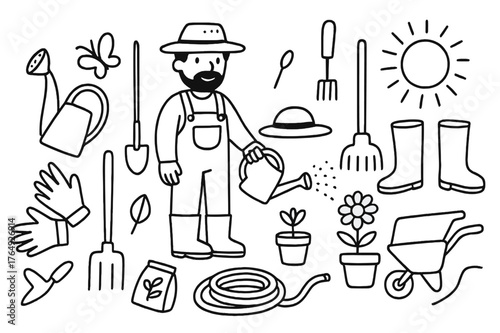Gardener's Tool Collection. Gardener. Hand-drawn doodle illustration gardener watering can, shovel, rake, gloves, hat, boots, flower pot, trowel, hose,