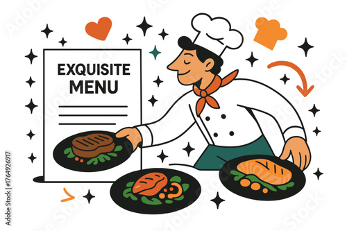 Elegant Culinary Presentation. Exquisite menu. Chef placing plated dishes beside menu card; abstract floating icons and sparkles emphasize presentation,