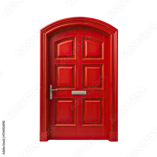 Close-up of a vibrant red wooden door with arched top against a black backdrop
