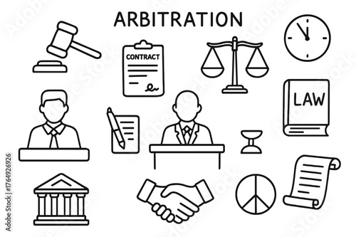 Arbitration Tools Illustration. Arbitration. Hand-drawn doodle illustration arbitration judge?s gavel, contract, balance scale, mediator, law book, table,