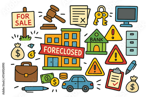 Foreclosure Doodles. foreclosed business. Colorful Hand-drawn doodle Children illustration foreclosed business office building, "For Sale" sign, auction