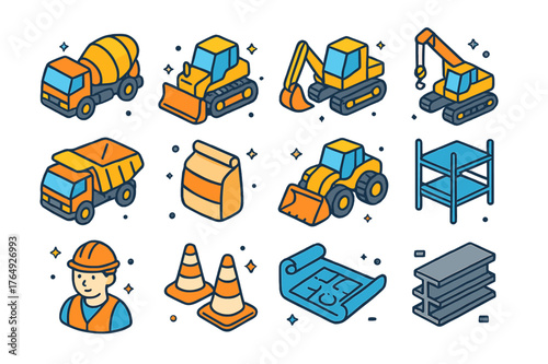 Colorful Construction Icons. Construction vehicles. Colorful isometric vector icons set of construction vehicles: concrete mixer truck, bulldozer, excavator,