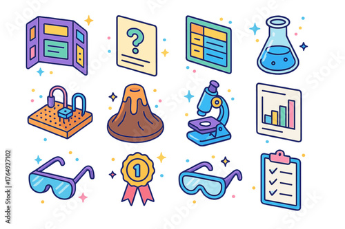 Science Fair Icons. Science fair projects. Colorful isometric vector icons set of Science fair projects: tri-fold board, hypothesis card, variables table,