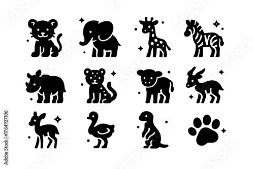 Savanna Baby Icons. Young Animals of the Savanna. Solid icons set of Young Animals of the Savanna: lion cub, baby elephant, giraffe calf, zebra foal, rhino