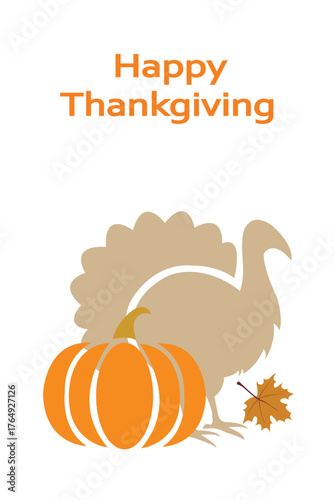 Thanksgiving card design, clean white background, simple illustrations with pumpkin, leaf and turkey