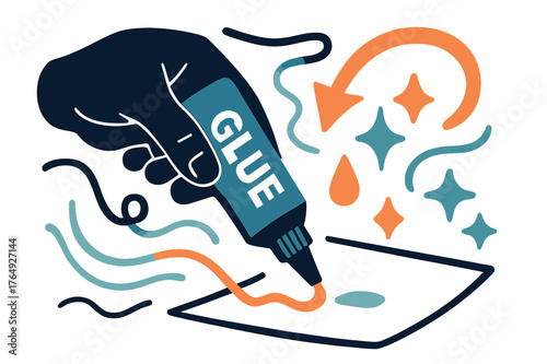 Dynamic Glue Application. Glue tube. Hand applying glue from tube onto paper or craft project; abstract floating lines, drops, and sparkles convey precision