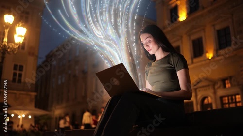 Woman using laptop outdoors at night with glowing data streams rising from screen. Concept of artificial intelligence, data flow, neural network and futuristic digital technology