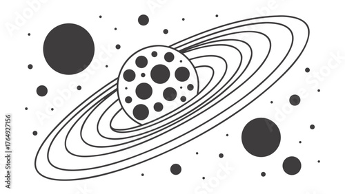 Illustration of a ringed planet with craters surrounded by other planets and stars in space scene