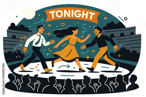 Moonlit Stage Performance. Open-Air Amphitheater Performance. Actors stride across a semicircular stage; moonlight washes the stone tiers as ?Tonight? glows on