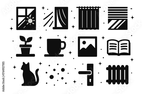 Window Light Icons. Window Light. Solid icons set of Window Light: window frame, sunbeam, sheer curtain, shadow stripes, windowsill plant, coffee mug, picture