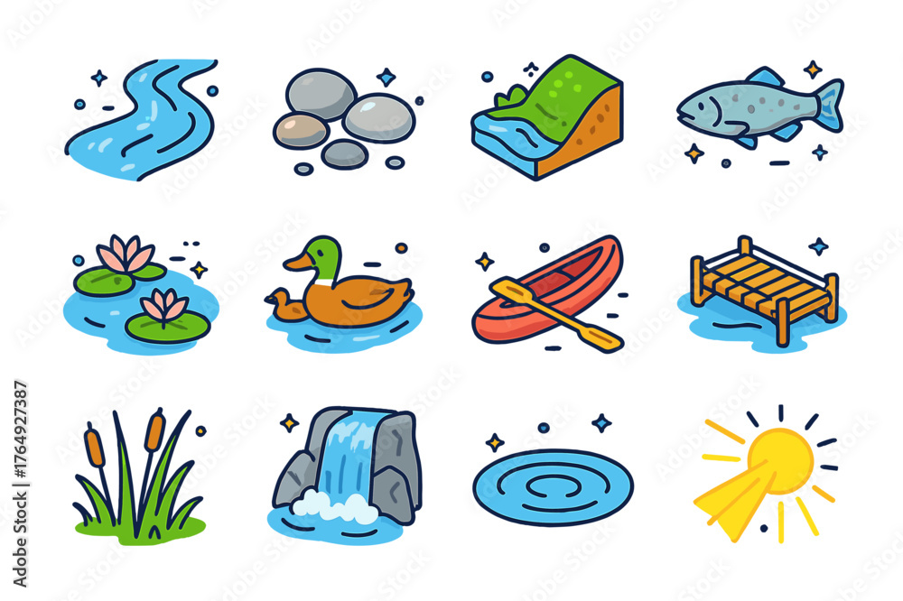 Obraz premium Freshwater Stream Icons. Freshwater stream. Colorful isometric vector icons set of freshwater stream: clear river, pebbles, riverbank, fish, water lilies,