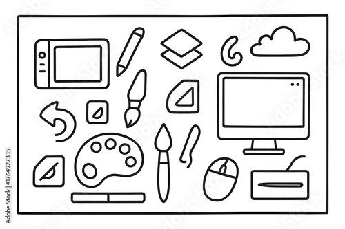 Digital Art Tools. Digital painting. Hand-drawn doodle illustration digital painting tablet, stylus, monitor, layers icon, color picker, brush icon, undo