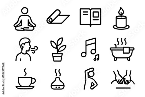 Mindfulness Icon Collection. Mindfulness practice. Line icon set of mindfulness practice: meditation pose, yoga mat, journal, candle, deep breathing, plant,