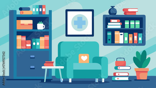 A cozy corner in the waiting room with a bookshelf filled with healthrelated books and magazines encouraging patients to learn more about their health.