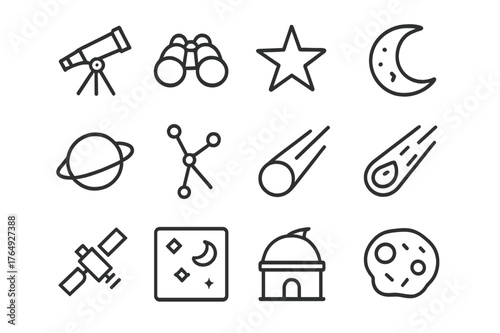 Space Icon Set. Space observation. Line icon set of space observation: telescope, binoculars, star, moon, planet, constellation, comet, meteor, satellite,
