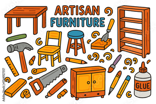 Colorful Artisan Furniture Doodles. artisan furniture. Colorful Hand-drawn doodle Children illustration artisan furniture wooden table, chair, stool, shelf,