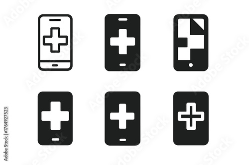 Telemedicine Logo Designs. Telemedicine app interface. Set Logo of Telemedicine app interface: a smartphone with a cross symbol on the screen. harmonious logo