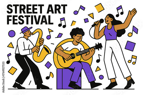 Vibrant Street Art Performance. Street Art Festivals. Musicians performing live in a street art festival with floating abstract geometric shapes and colorful