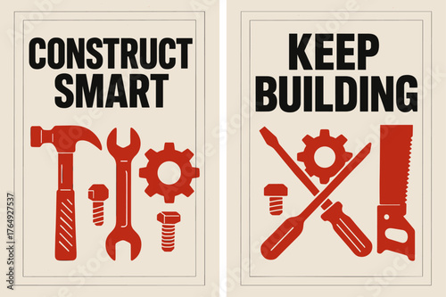 Brutalist Banner Design. Construct smart. Two vertical A6 banners with safe margins, centered composition, no elements touching edges, brutalist, black and