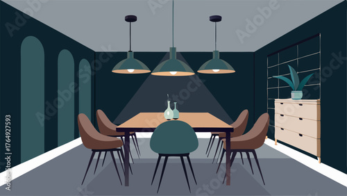 A dining space with a mix of industrial and glam accents such as a concrete dining table velvet chairs and a dramatic ceiling light fixture.