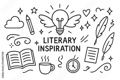 Creative Inspiration Icons. Literary inspiration. Hand-drawn doodle illustration literary inspiration light bulb, open book, feather, cloud, stars, heart,