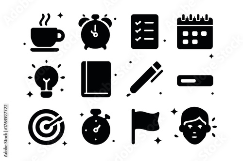 Energy and Focus Icons. Energy & Focus. Solid icons set of Energy & Focus: coffee cup, alarm clock, checklist, calendar, light bulb, notebook, pen, progress