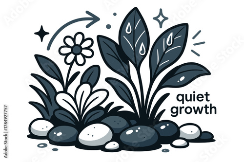 Pebbles and Growth. Pebble ? Garden Corner. Pebbles line a flower bed with soft shadows; droplets glint after rain. Label ?quiet growth? in small script