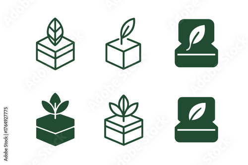 Eco Jewelry Logos. Eco jewelry packaging. Set Logo of Eco jewelry packaging: jewelry box with leaf emblem. harmonious logo variations of the same emblematic