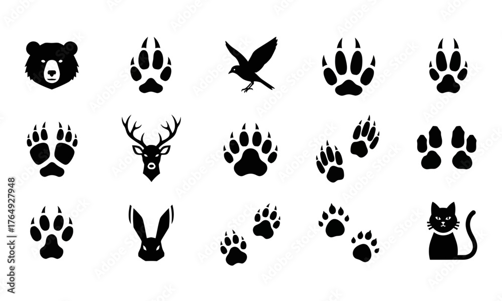 Fototapeta premium Assortment of various wild animal head and paw print vector icons for nature designs