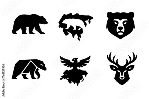 Eurasian Wildlife Logos. Eurasia. Set Logo of Eurasian Wildlife: Filled silhouette, Abstract geometric, Negative space, Symmetrical form, Stylized detail,