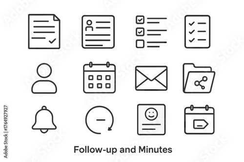 Follow-Up Icon Set. Follow-up and Minutes. Line icon set of Follow-up and Minutes: meeting minutes document, attendance list, decisions check, action items