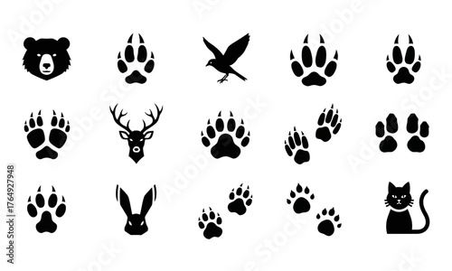 Assortment of various wild animal head and paw print vector icons for nature designs