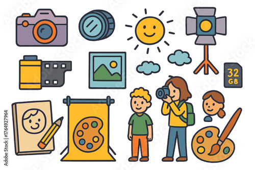 Colorful Photography Doodles. artistic shot. Colorful Hand-drawn doodle Children illustration artistic shot camera, lens, tripod, film roll, photo frame,